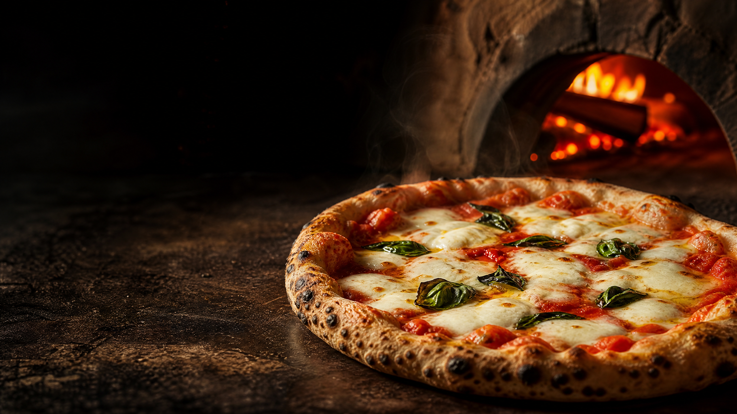 Pizza artesanal recién salida del horno de leña